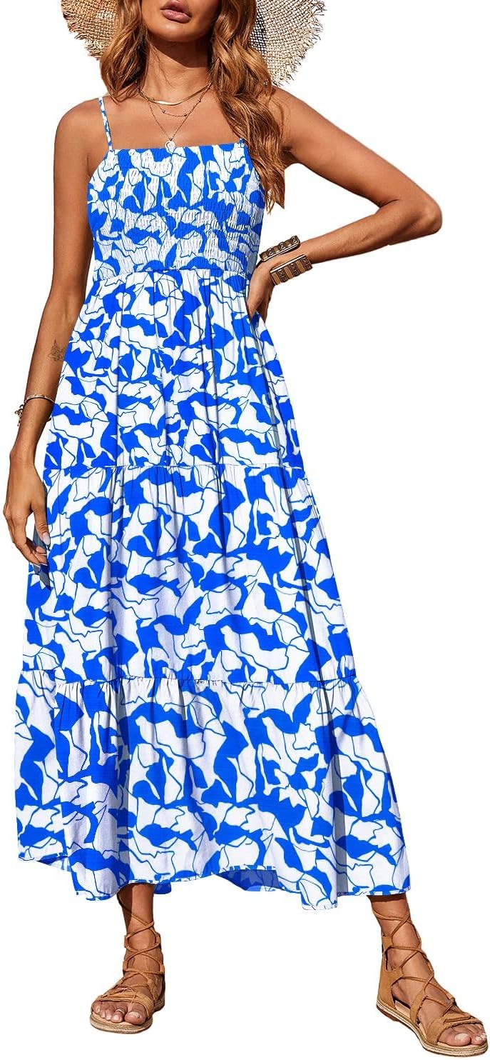 PRETTYGARDEN Women's Summer Maxi Dress 2026 Spaghetti Strap Sundresses | Boho Dress, Sleeveless, Smocked, Flowy Tiered A Line Long Dress, Beach Vacation, Party, Wedding Guest