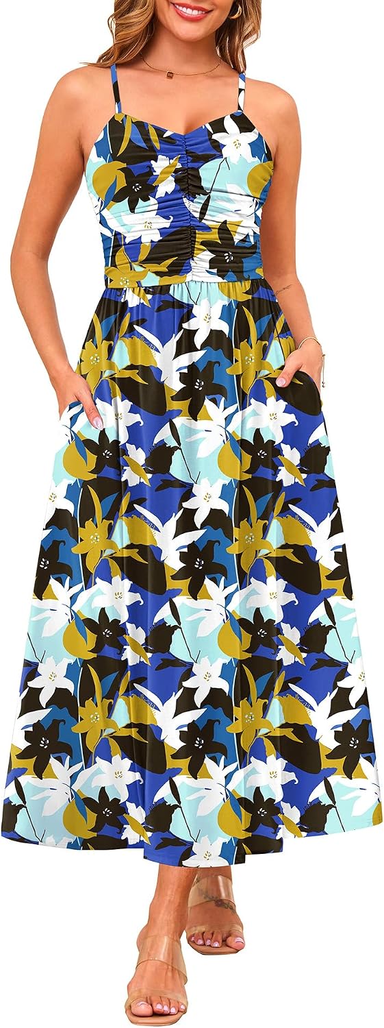 Annebouti Women's Summer Adjustable Spaghetti Strap Ruched Maxi Sun Dress | Dress with Pockets, Lined Bodice, Boho Floral Print, Perfect Summer Dress for Wedding Guest, Beach, Vacation, Resort Wear