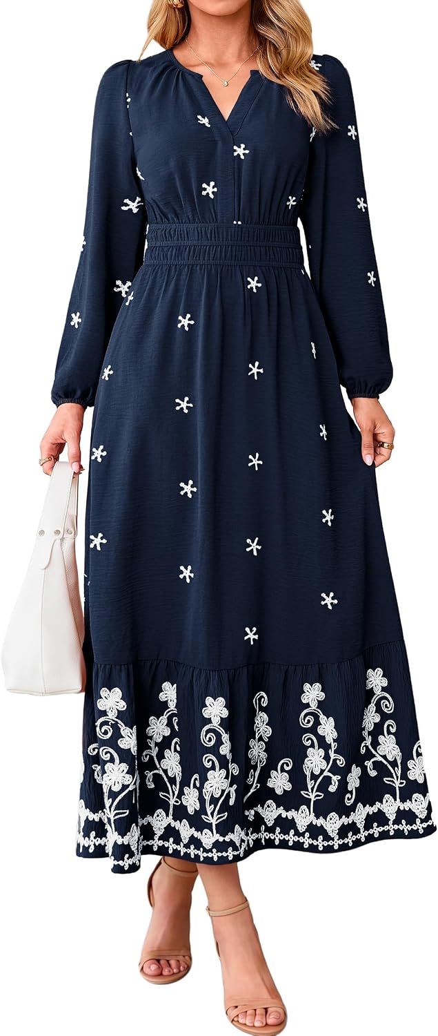 Simplee Floral Maxi Fall Womens Dress Long Sleeve Elegant Church Dresses | Wedding Guest Flowy, Romantic A-line Embroidery, Smocked Waist Garden Party, Casual Holiday Dinner Photo Shoot