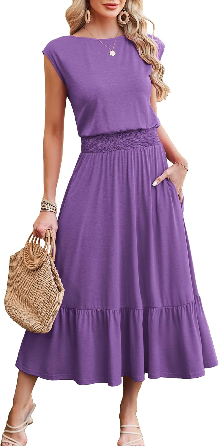 Kikibell Womens Summer Dresses Cap Sleeve Elastic Waist Midi Dress with Pocket Long Causal Sundress Beach Vacation Outfits