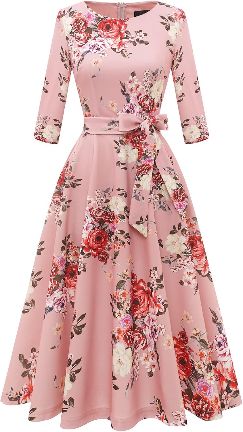 DRESSTELLS Cocktail Dresses for Women, Vintage Wedding Guest Church Dress | 3\/4 Sleeves, A-line, Mid Calf, Detachable Belt, Ideal for Formal Tea Party