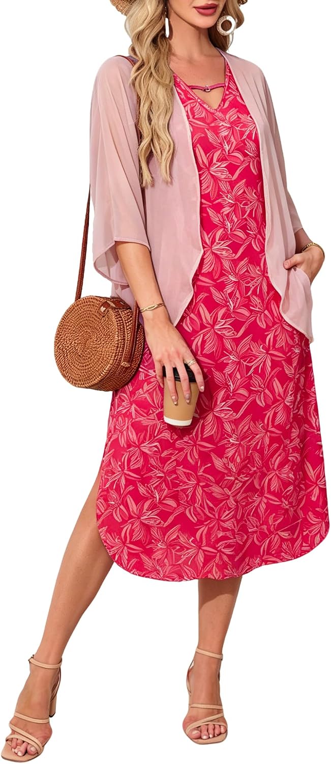 Honwenle Women's 2026 Summer Maxi Dress 2 Piece Loose Split Outfit | Sleeveless,with Cover up,Floral Sundress,V-neck,Casual,Beach Vacations,Wedding Guest