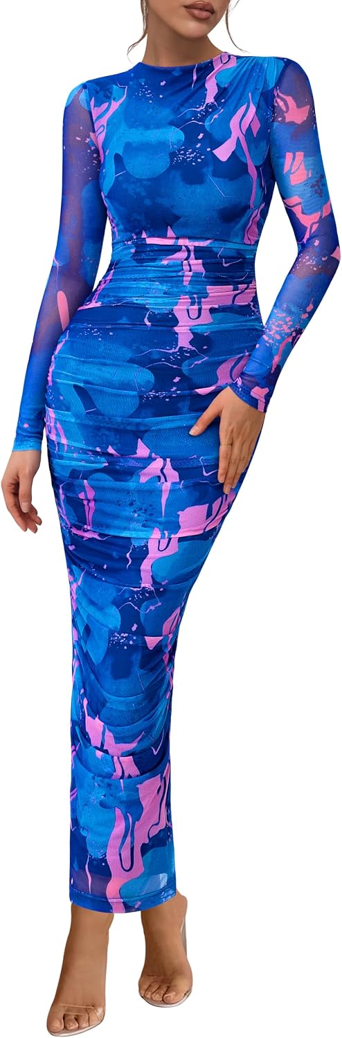 PRETTYGARDEN Long Sleeve Maxi Dresses for Women Wedding Guest Fall Outfits | Ruched Bodycon Dress Long, Floral Mesh, Date Night, Formal Cocktail Party, Homecoming Holiday Dresses