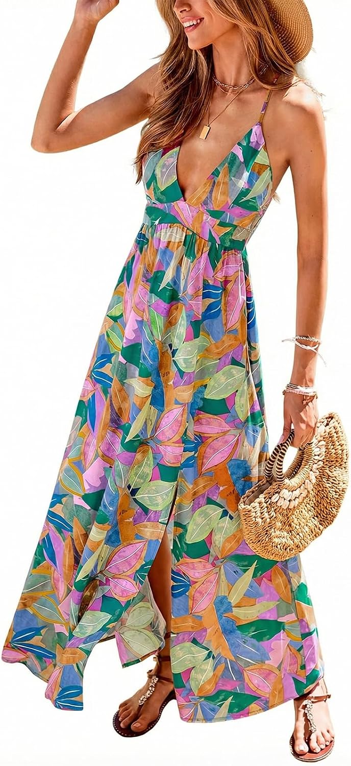 CUPSHE Women's Boho Paisley Tropical Deep V-Neck High Slit Maxi Dress | Adjustable Criss-Cross Straps, Open Back, Empire Waist Flowy A-Line Long Sundress, For Summer Beach Vacation, Resort Wear