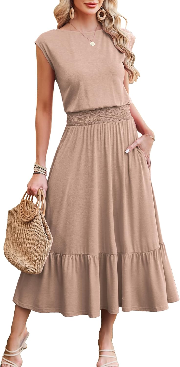 Kikibell Womens Summer Dresses Cap Sleeve Elastic Waist Midi Dress with Pocket Long Causal Sundress Beach Vacation Outfits
