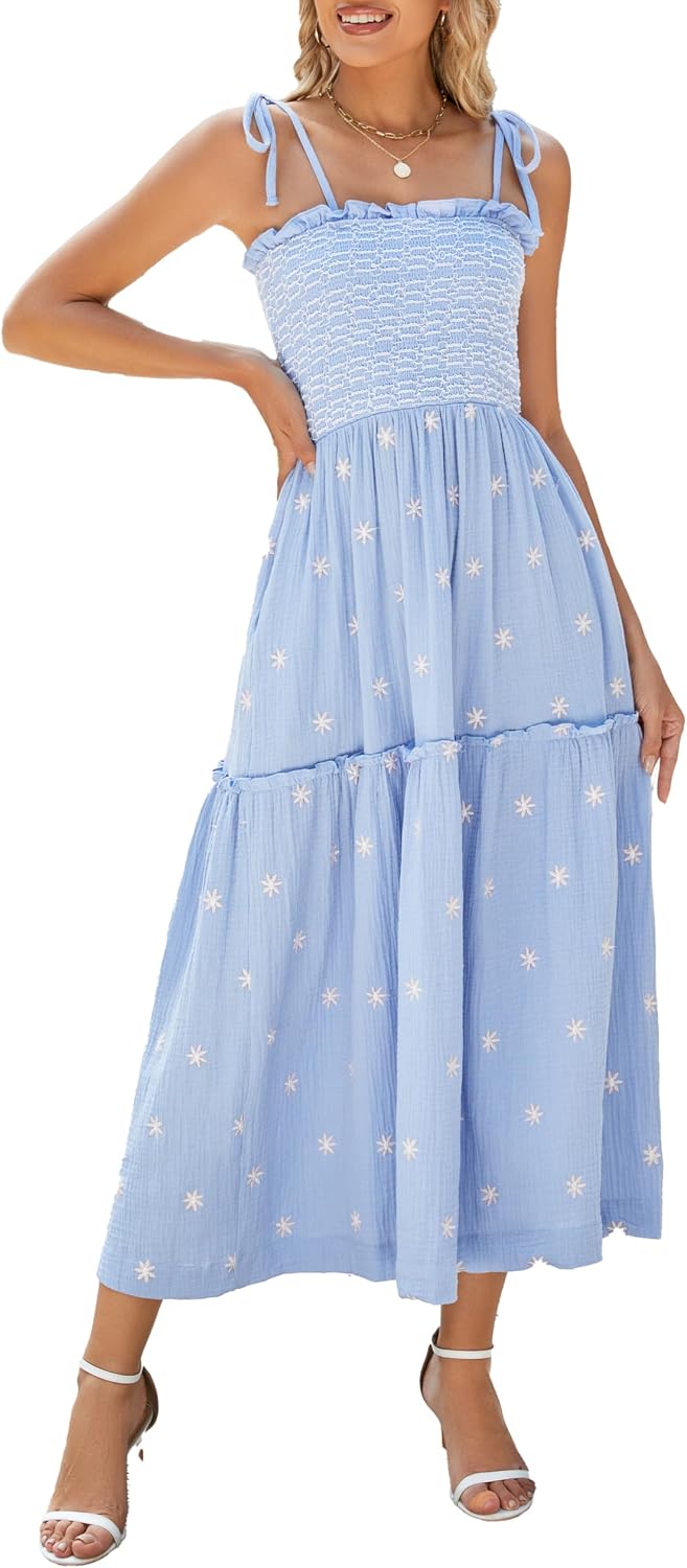 ABYOVRT Women Floral Embroidered Maxi Dress Sleeveless Tie Shoulder Smocked Flowy Dress Boho Summer Sundresses with Pockets