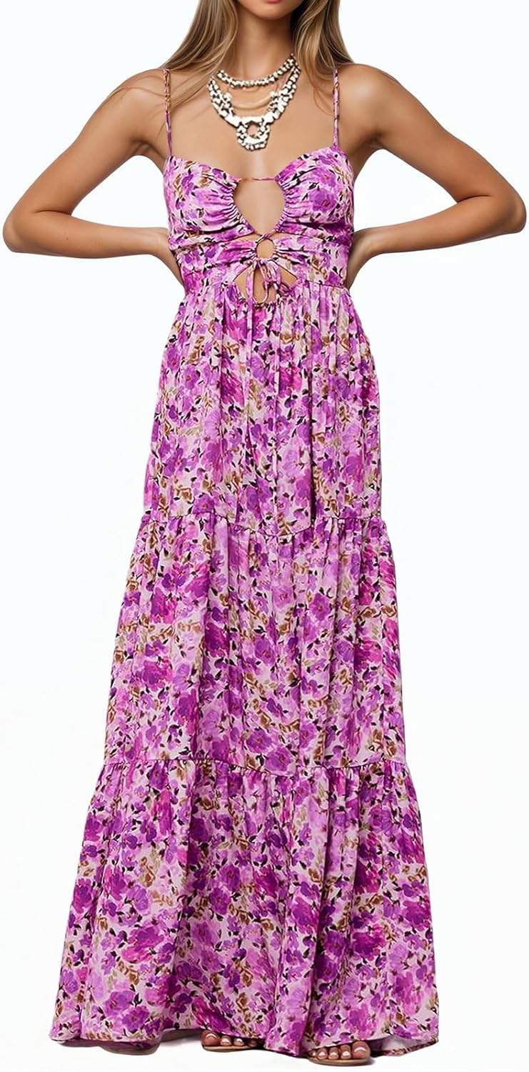 Womens Summer Floral Spaghetti Strap Backless Low Cut Smocked Milkmaid Flowy Beach Sundresses