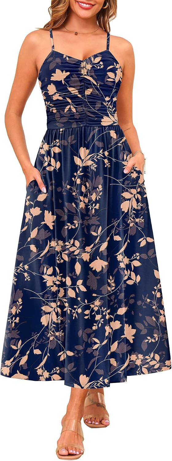 Annebouti Women's Summer Adjustable Spaghetti Strap Ruched Maxi Sun Dress | Dress with Pockets, Lined Bodice, Boho Floral Print, Perfect Summer Dress for Wedding Guest, Beach, Vacation, Resort Wear