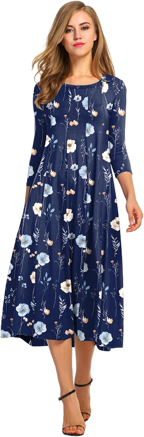 HOTOUCH Women's 3\/4 Sleeve A-line and Flare Midi Long Dress