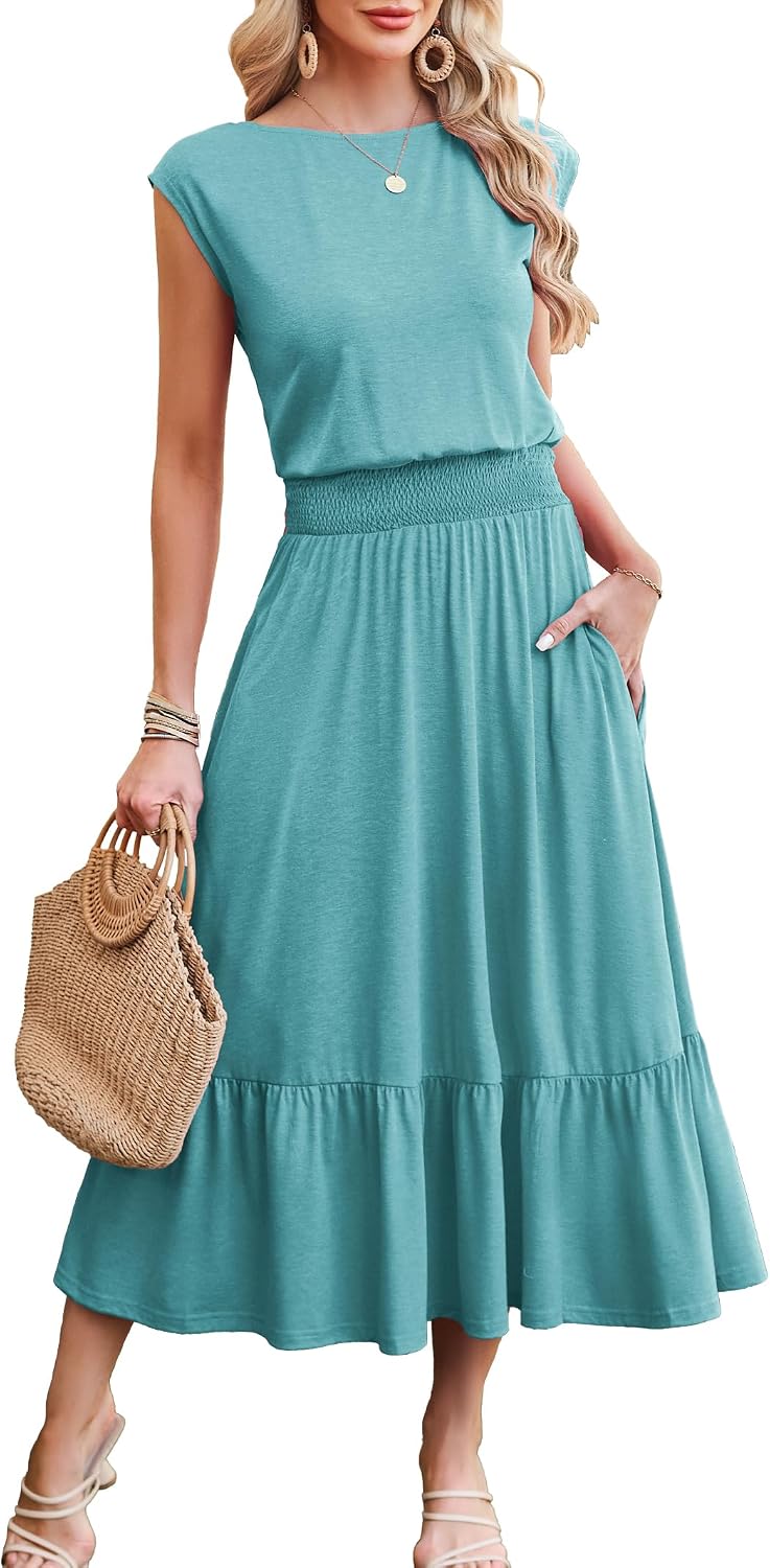 Kikibell Womens Summer Dresses Cap Sleeve Elastic Waist Midi Dress with Pocket Long Causal Sundress Beach Vacation Outfits