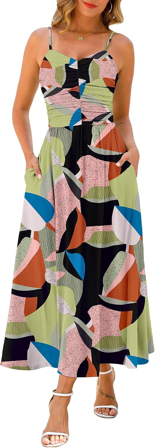 Annebouti Women's Summer Adjustable Spaghetti Strap Ruched Maxi Sun Dress | Dress with Pockets, Lined Bodice, Boho Floral Print, Perfect Summer Dress for Wedding Guest, Beach, Vacation, Resort Wear