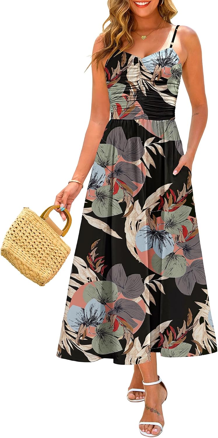 Annebouti Women's Summer Adjustable Spaghetti Strap Ruched Maxi Sun Dress | Dress with Pockets, Lined Bodice, Boho Floral Print, Perfect Summer Dress for Wedding Guest, Beach, Vacation, Resort Wear