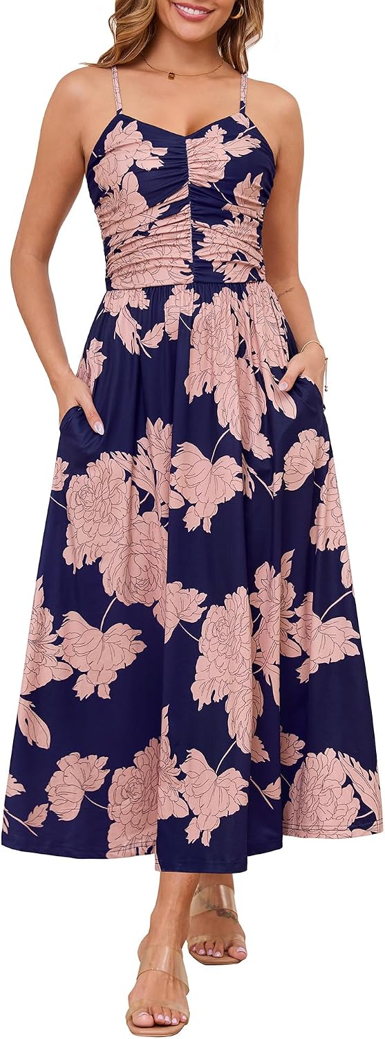 Annebouti Women's Summer Adjustable Spaghetti Strap Ruched Maxi Sun Dress | Dress with Pockets, Lined Bodice, Boho Floral Print, Perfect Summer Dress for Wedding Guest, Beach, Vacation, Resort Wear