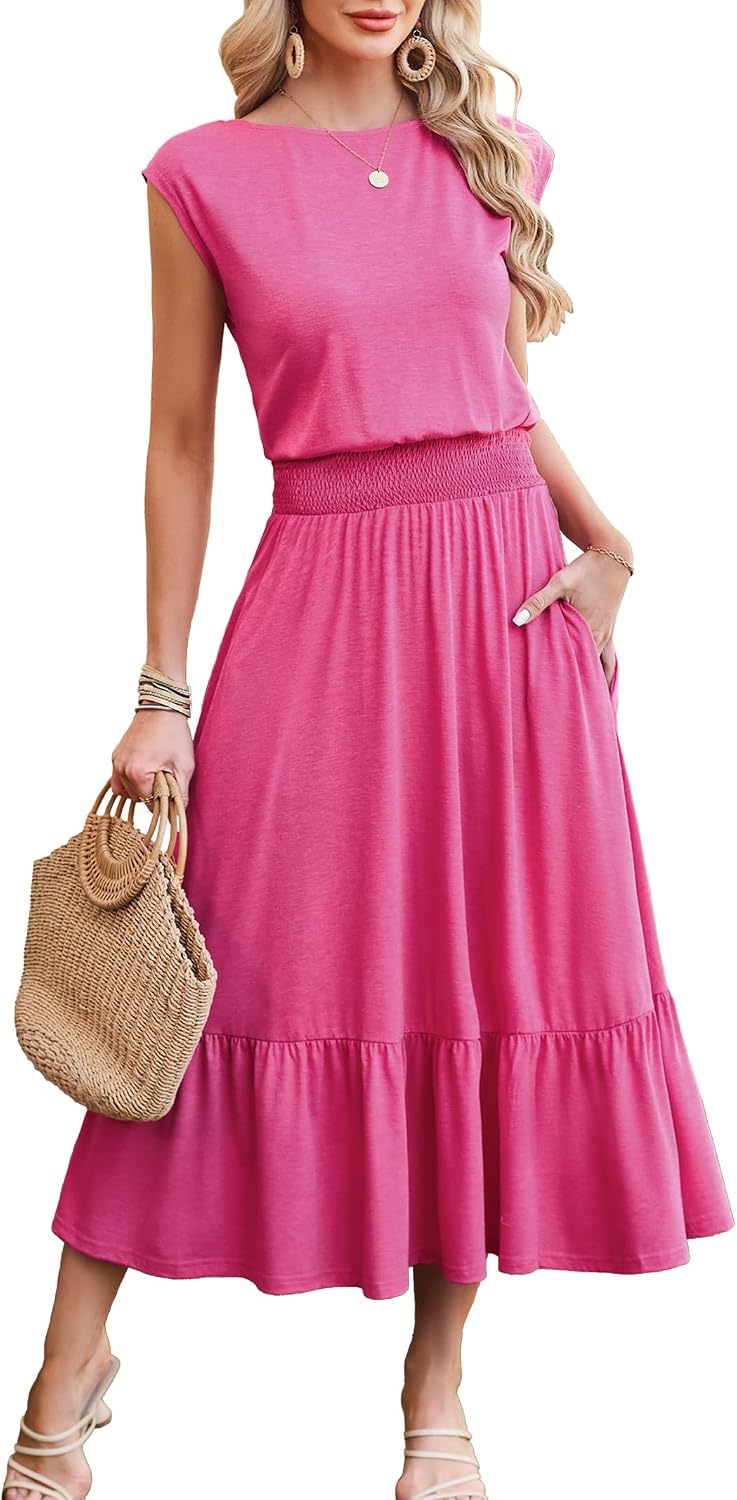 Kikibell Womens Summer Dresses Cap Sleeve Elastic Waist Midi Dress with Pocket Long Causal Sundress Beach Vacation Outfits