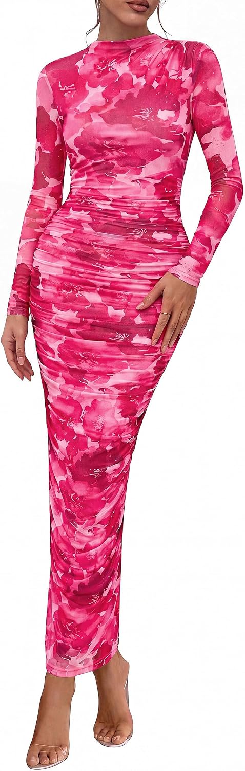 PRETTYGARDEN Long Sleeve Maxi Dresses for Women Wedding Guest Fall Outfits | Ruched Bodycon Dress Long, Floral Mesh, Date Night, Formal Cocktail Party, Homecoming Holiday Dresses