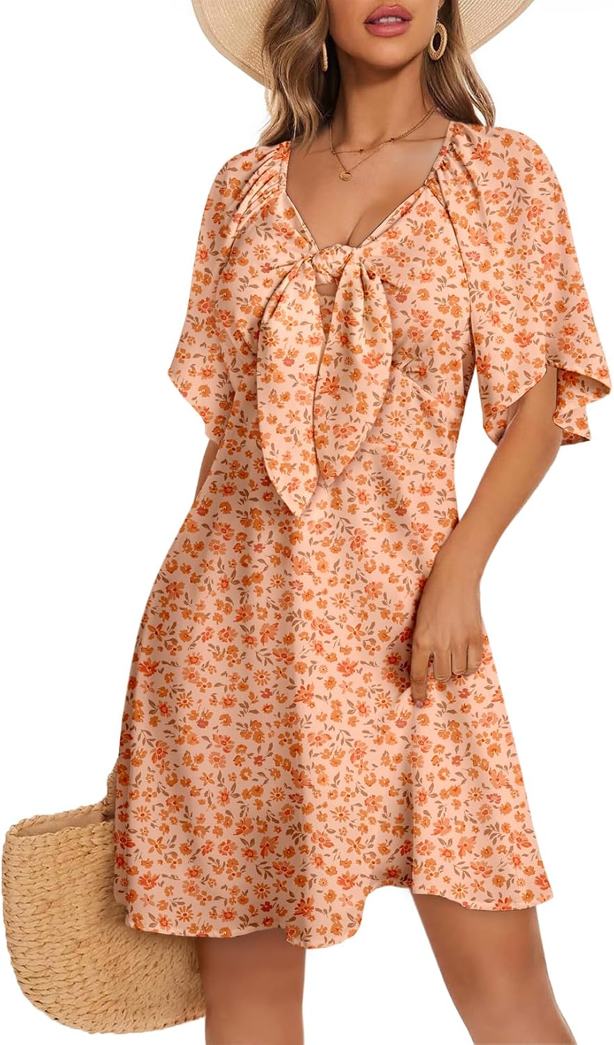 Dokotoo Womens Dresses 2026 Deep V Neck Elegant Bow tie Mini Dress S-XL | 2026 Summer Fall,Short Sleeve,V Neck,Graduation Party Dress,Elegant,Flowy Beach Vacation Wear,Casual Dress