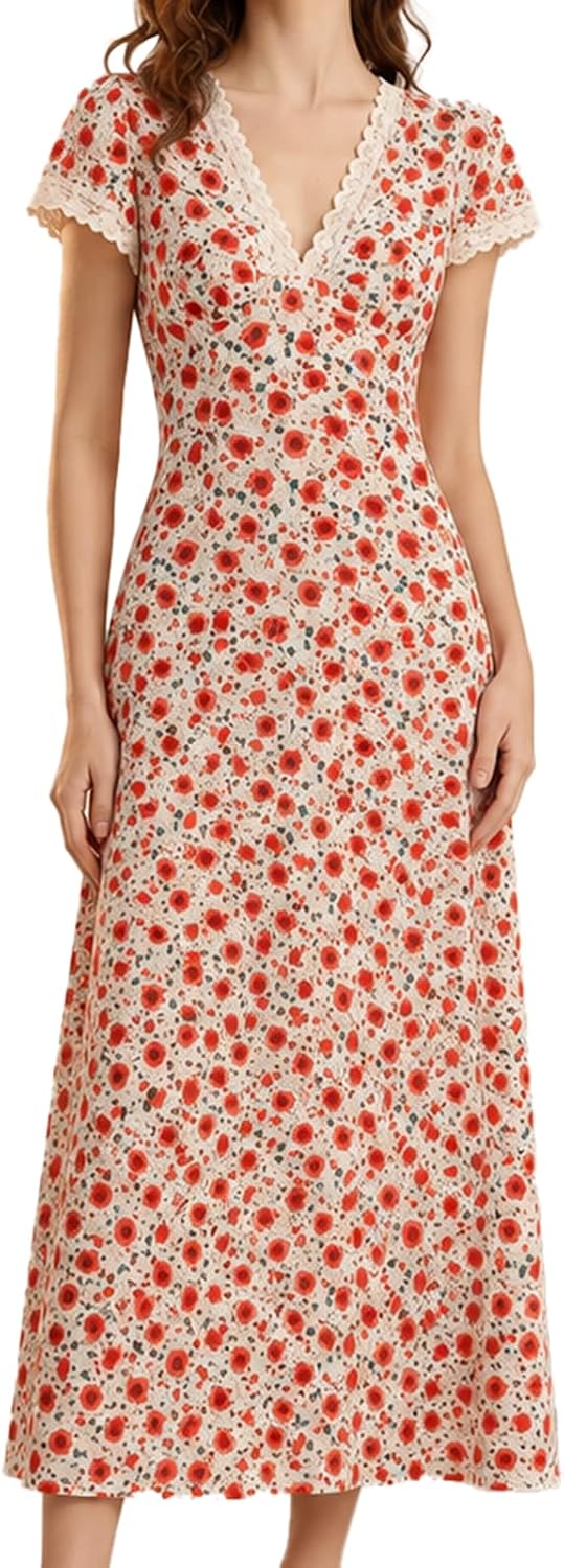 RIHOAS Women Polka Dots Dress Lace Trim V Neck Short Sleeve Long Dresses | 2026,Casual,Long,Semi Formal,Party,Prom,Vocation,Dinner,Fall,Summer,Elegant,Church,Beach
