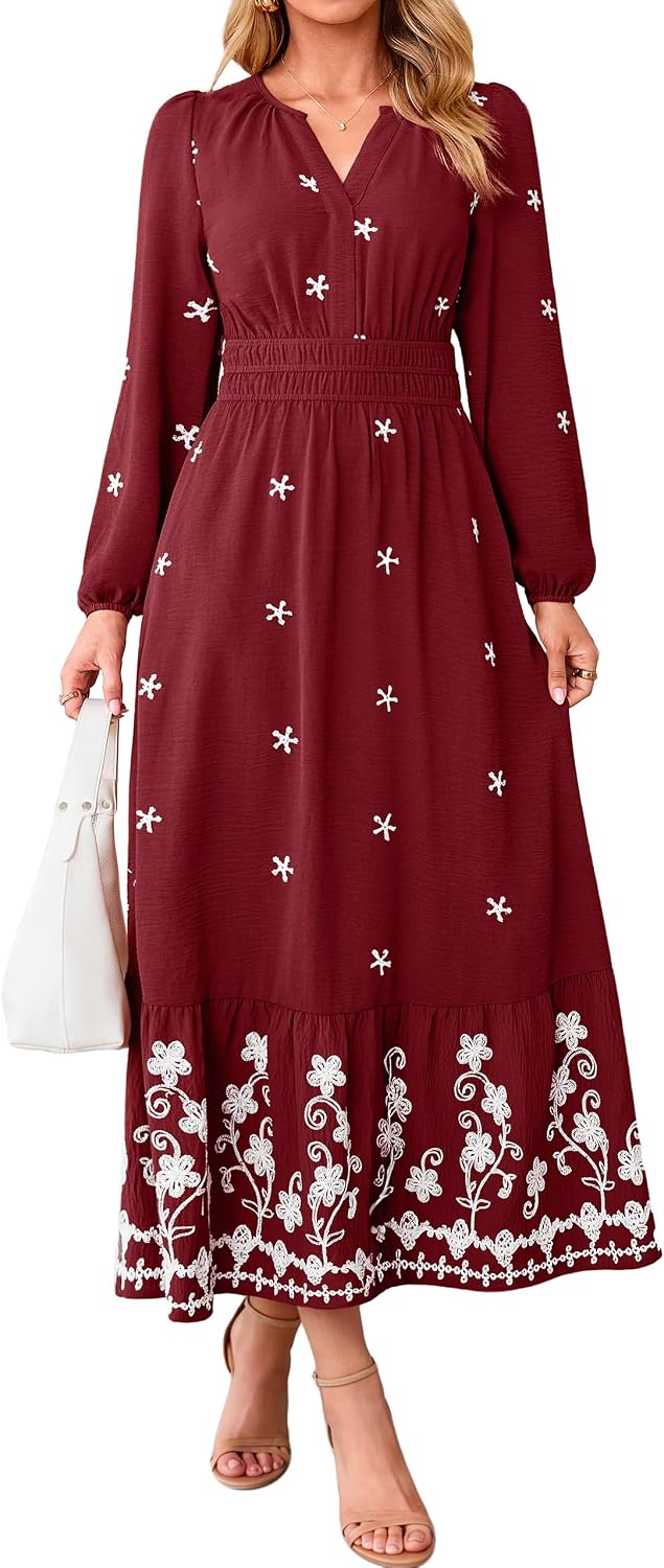 Simplee Floral Maxi Fall Womens Dress Long Sleeve Elegant Church Dresses | Wedding Guest Flowy, Romantic A-line Embroidery, Smocked Waist Garden Party, Casual Holiday Dinner Photo Shoot