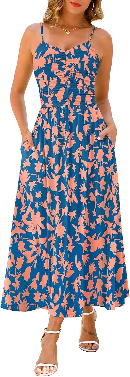 Annebouti Women's Summer Adjustable Spaghetti Strap Ruched Maxi Sun Dress | Dress with Pockets, Lined Bodice, Boho Floral Print, Perfect Summer Dress for Wedding Guest, Beach, Vacation, Resort Wear