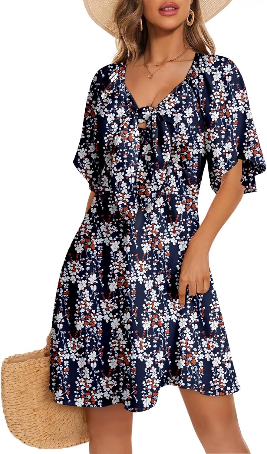 Dokotoo Womens Dresses 2026 Deep V Neck Elegant Bow tie Mini Dress S-XL | 2026 Summer Fall,Short Sleeve,V Neck,Graduation Party Dress,Elegant,Flowy Beach Vacation Wear,Casual Dress