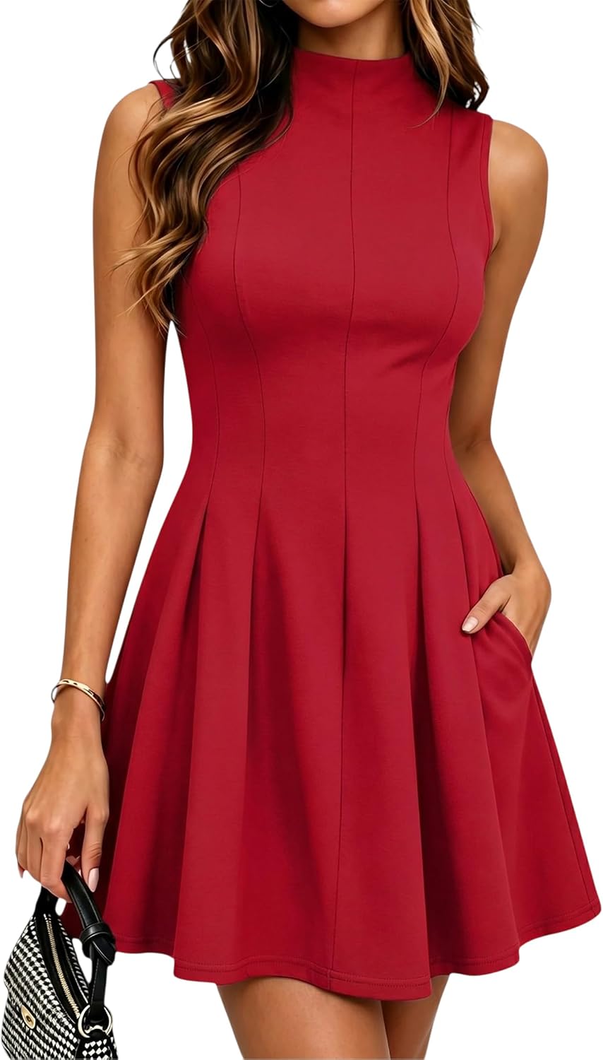 MTGGD Women Sleeveless Graduation Cocktail A Line Short Dress with Pockets | Mock Neck,Fit and Flare,Birthday,Party,Homecoming,Back to School,Club,Date,Business Casual Work Dress,Fashion,Trendy