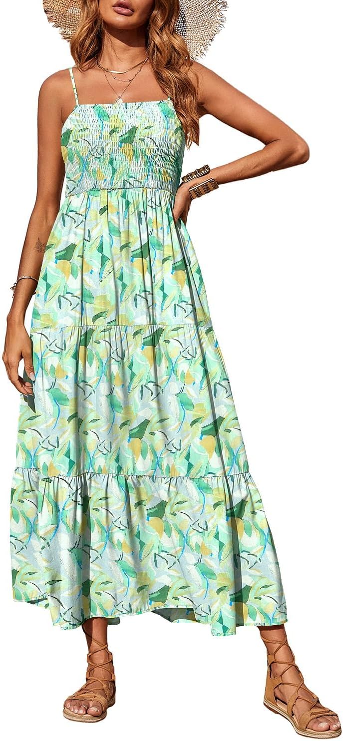 PRETTYGARDEN Women's Summer Maxi Dress 2026 Spaghetti Strap Sundresses | Boho Dress, Sleeveless, Smocked, Flowy Tiered A Line Long Dress, Beach Vacation, Party, Wedding Guest