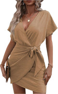 Floerns Women Cocktail Wrap Deep V Neck Dolman Sleeve Summer Short Dresses | Tie Side, Cap, Casual, Dinner, Formal, Office Work, Bussiness Casual, Teacher Outfits, Fall Fashion