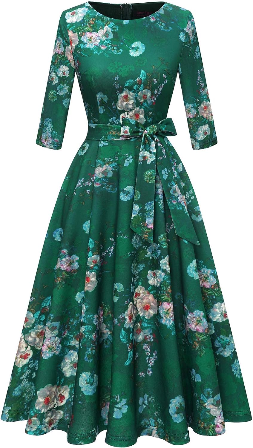 DRESSTELLS Cocktail Dresses for Women, Vintage Wedding Guest Church Dress | 3\/4 Sleeves, A-line, Mid Calf, Detachable Belt, Ideal for Formal Tea Party