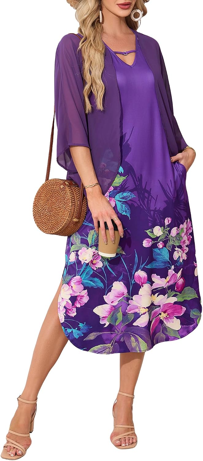 Honwenle Women's 2026 Summer Maxi Dress 2 Piece Loose Split Outfit | Sleeveless,with Cover up,Floral Sundress,V-neck,Casual,Beach Vacations,Wedding Guest