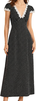 RIHOAS Women Polka Dots Dress Lace Trim V Neck Short Sleeve Long Dresses | 2026,Casual,Long,Semi Formal,Party,Prom,Vocation,Dinner,Fall,Summer,Elegant,Church,Beach