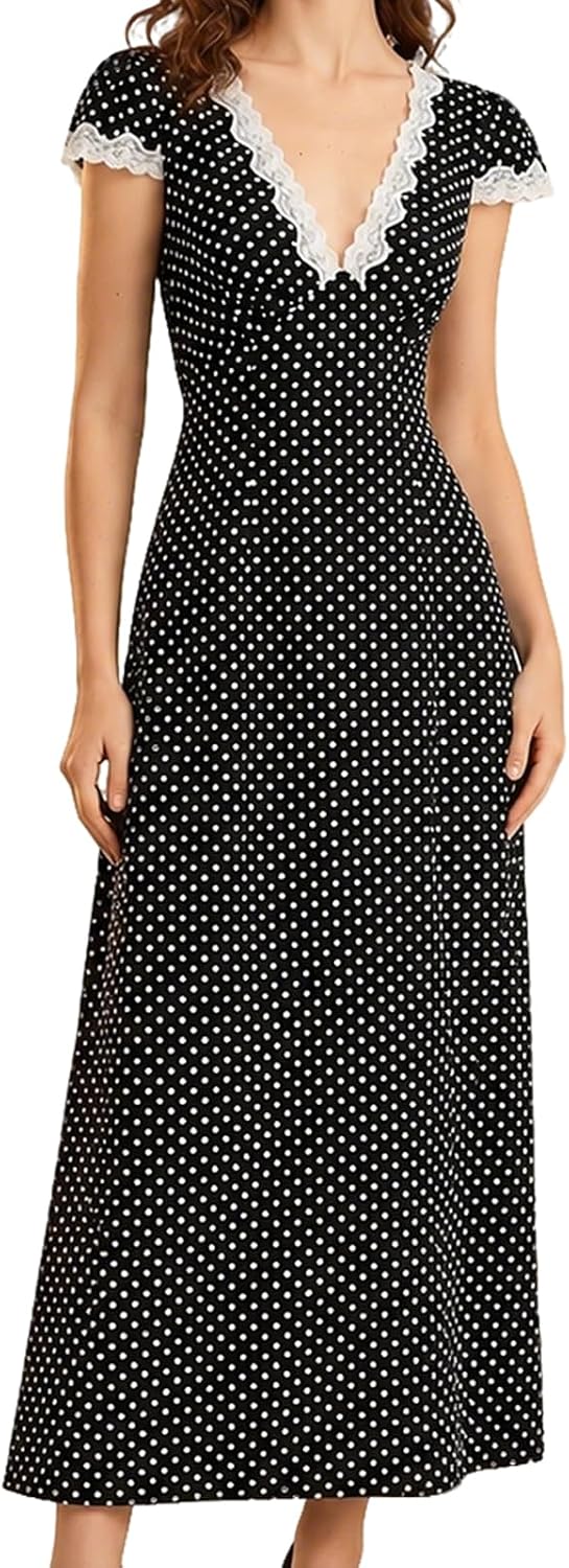 RIHOAS Women Polka Dots Dress Lace Trim V Neck Short Sleeve Long Dresses | 2026,Casual,Long,Semi Formal,Party,Prom,Vocation,Dinner,Fall,Summer,Elegant,Church,Beach