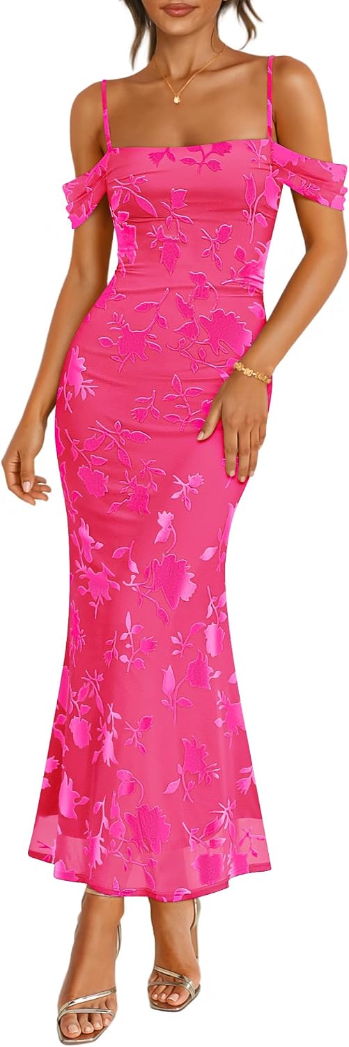 ZESICA Women's Floral Sleeveless Bodycon Cocktail Maxi Dress | Spaghetti Strap, Off Shoulder, Ruched Elegant, Formal Wedding Guest Long Dresses, Rehearsal Dinner Night Out Summer Outfits