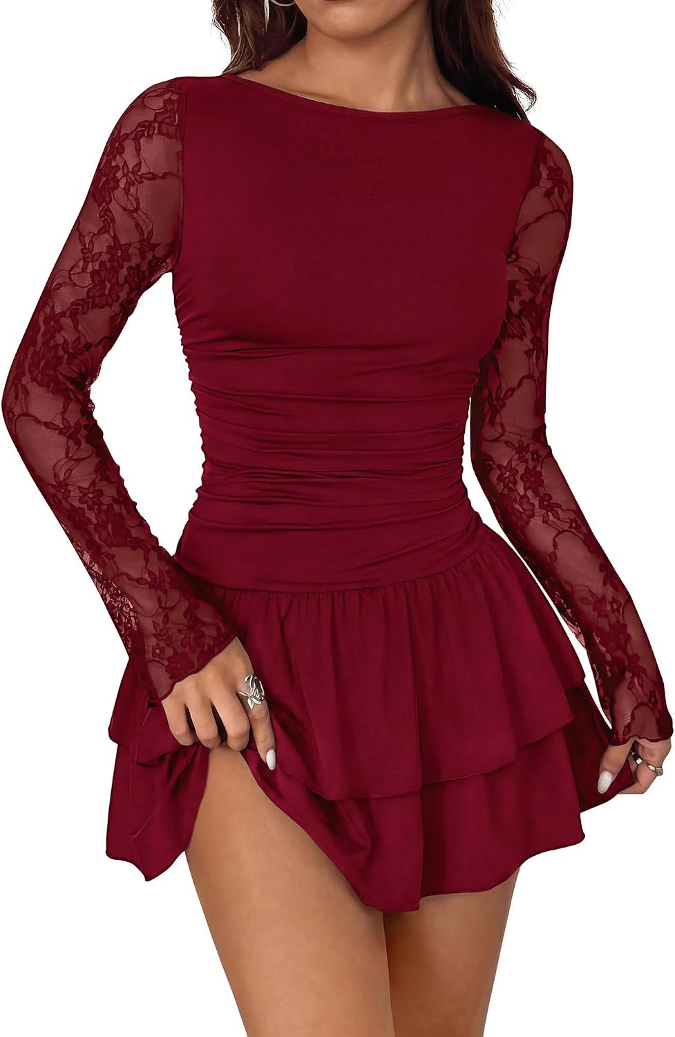 BTFBM Long Sleeve Wedding Guest Dress Casual Homecoming Dresses for Women Ruched Bodycon Mini Party Prom Fall Clothes