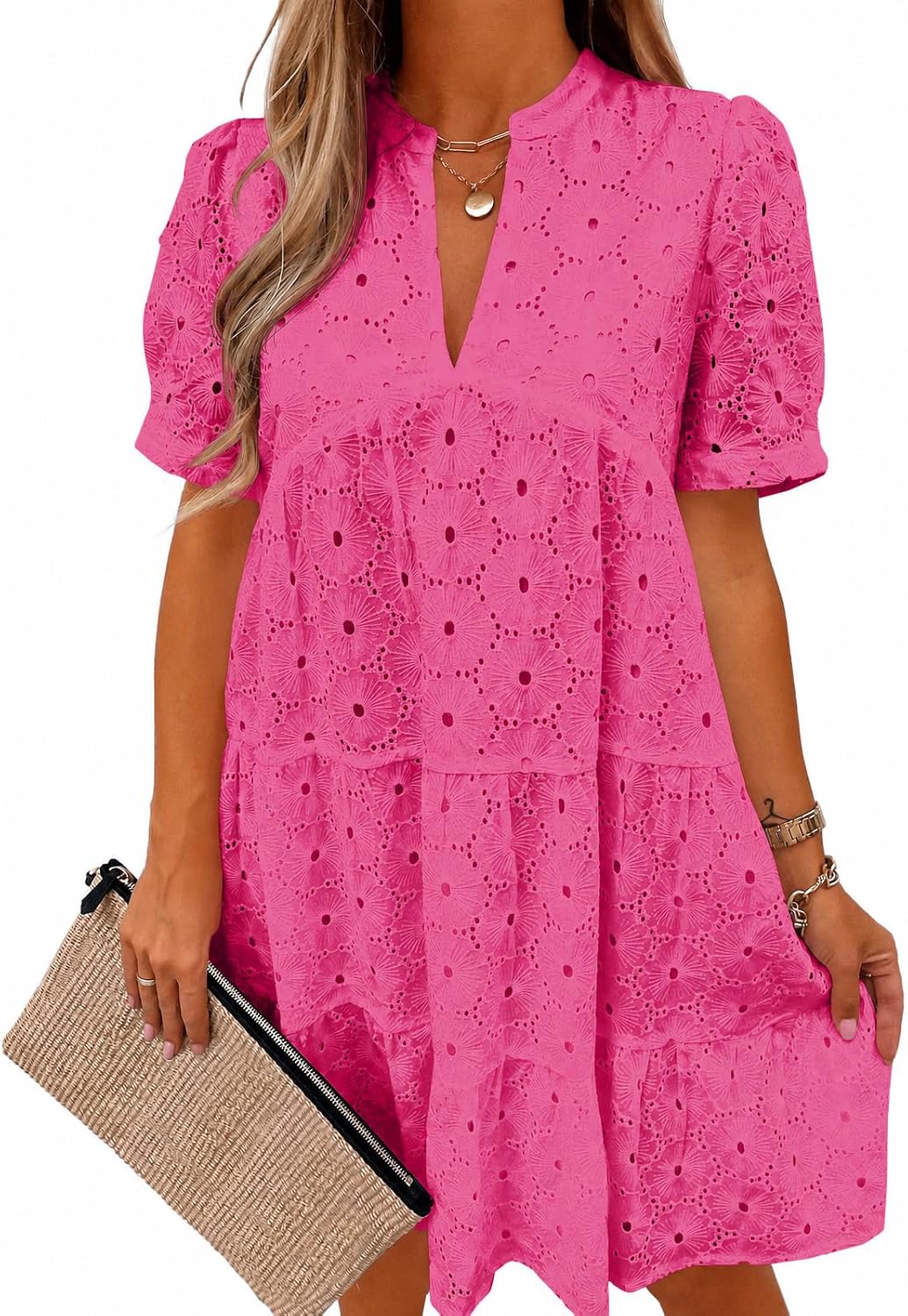 Imily Bela Womens Summer Lace Dresses Eyelet Casual Flowy Babydoll Dress | Swing, Short Sleeve, V Neck, Tunic Dress,Mini,Beach,Vacation,Party,Outdoor,Boho,Loose,Ruffle Hem,Short Puff Sleeve