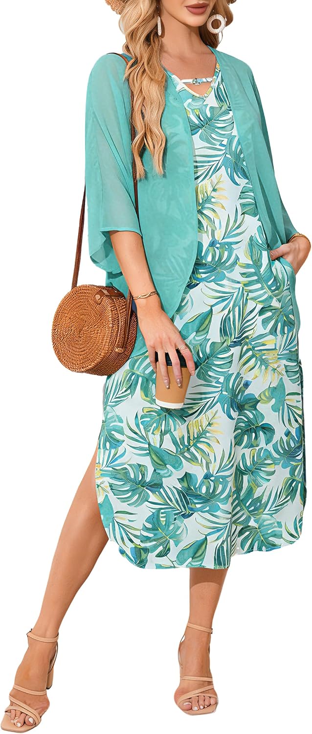 Honwenle Women's 2026 Summer Maxi Dress 2 Piece Loose Split Outfit | Sleeveless,with Cover up,Floral Sundress,V-neck,Casual,Beach Vacations,Wedding Guest