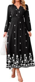 Simplee Floral Maxi Fall Womens Dress Long Sleeve Elegant Church Dresses | Wedding Guest Flowy, Romantic A-line Embroidery, Smocked Waist Garden Party, Casual Holiday Dinner Photo Shoot
