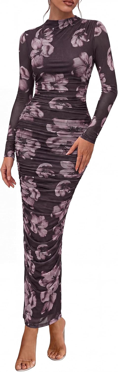 PRETTYGARDEN Long Sleeve Maxi Dresses for Women Wedding Guest Fall Outfits | Ruched Bodycon Dress Long, Floral Mesh, Date Night, Formal Cocktail Party, Homecoming Holiday Dresses