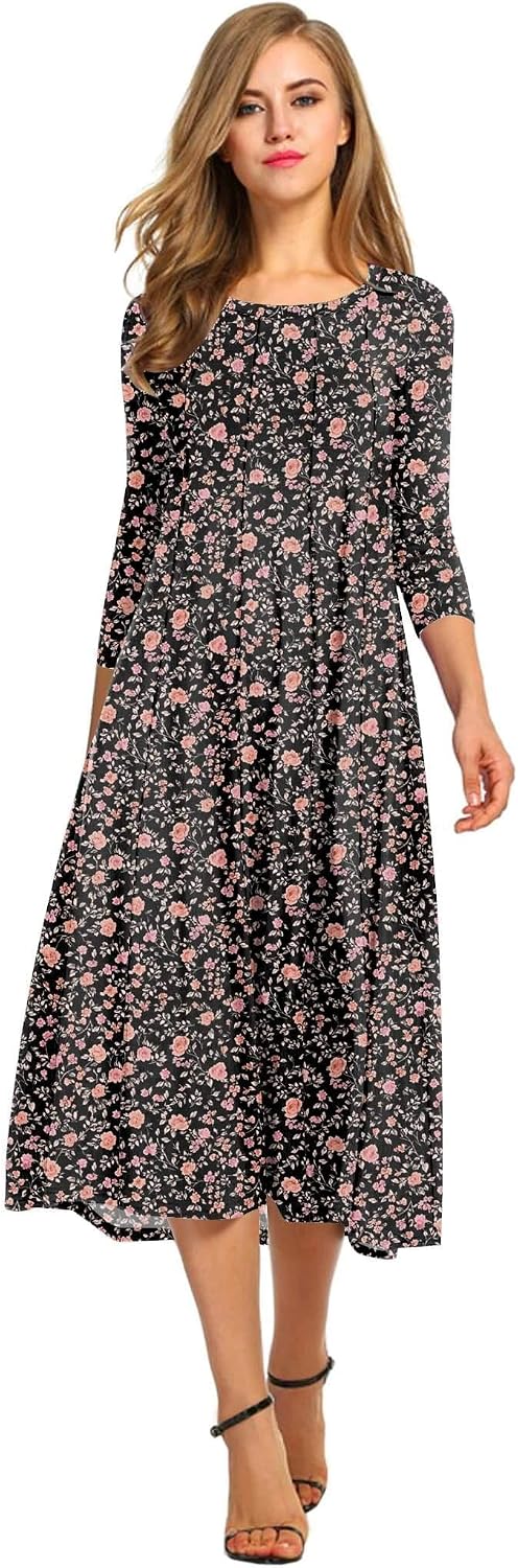 HOTOUCH Women's 3\/4 Sleeve A-line and Flare Midi Long Dress