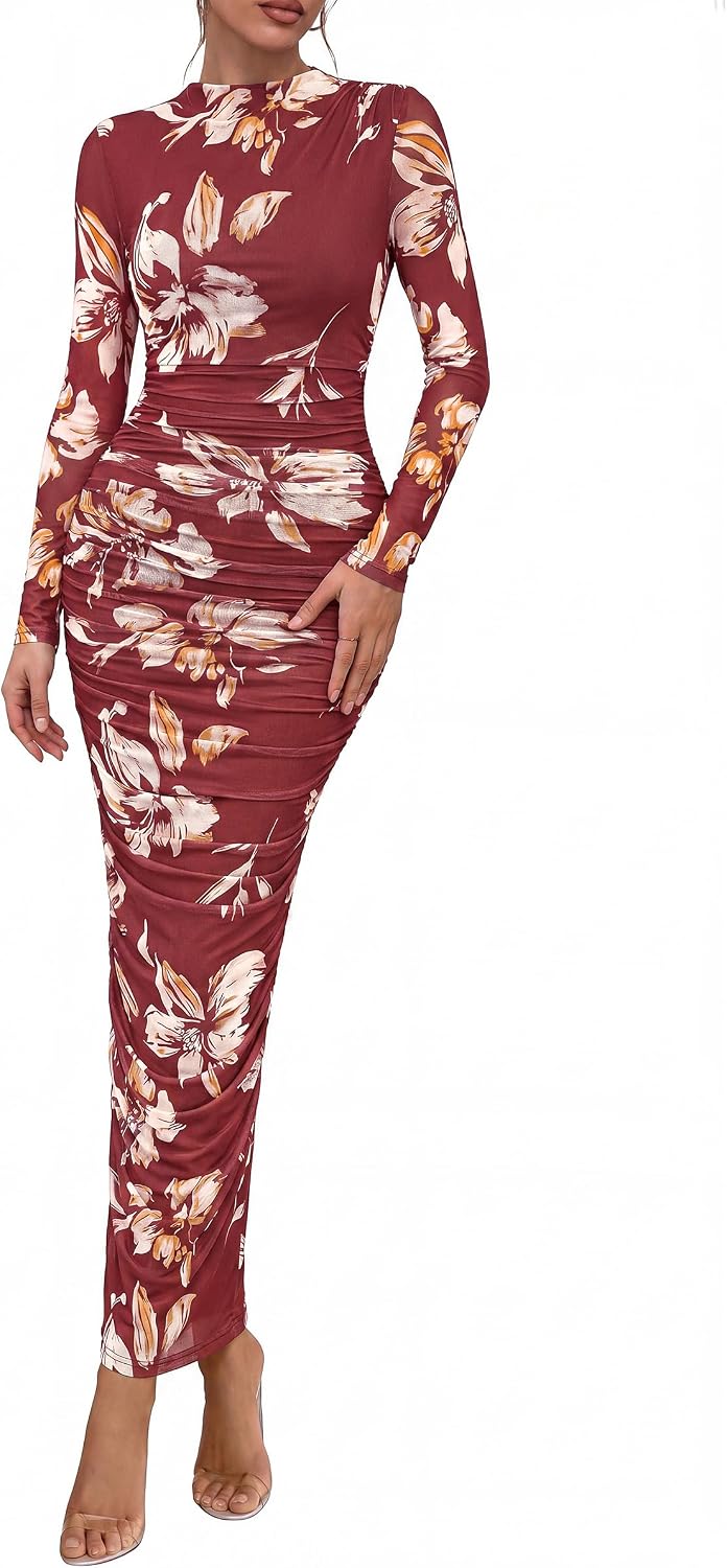 PRETTYGARDEN Long Sleeve Maxi Dresses for Women Wedding Guest Fall Outfits | Ruched Bodycon Dress Long, Floral Mesh, Date Night, Formal Cocktail Party, Homecoming Holiday Dresses