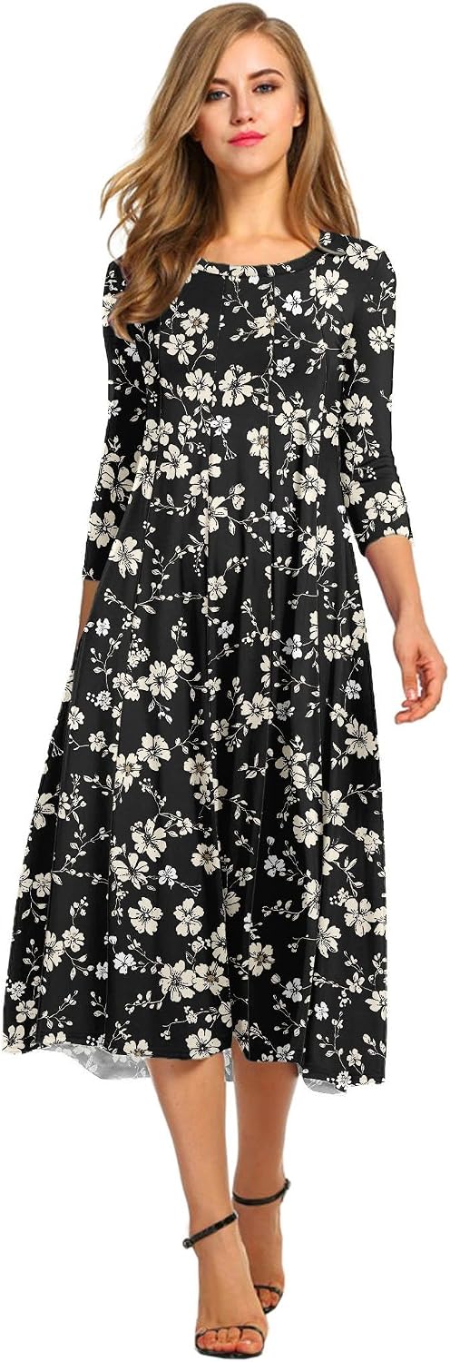 HOTOUCH Women's 3\/4 Sleeve A-line and Flare Midi Long Dress
