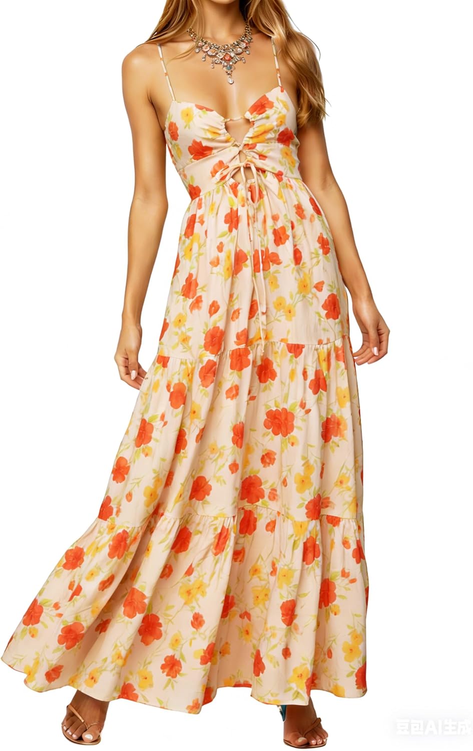 Womens Summer Floral Spaghetti Strap Backless Low Cut Smocked Milkmaid Flowy Beach Sundresses