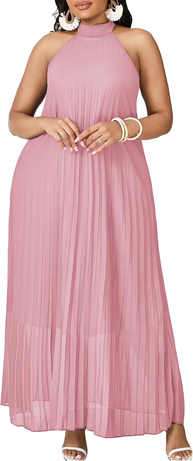 FANDEE Maxi Dress for Women Plus Size Casual Sleeveless Chiffon Halter Neck Pleated Loose Long Dresses