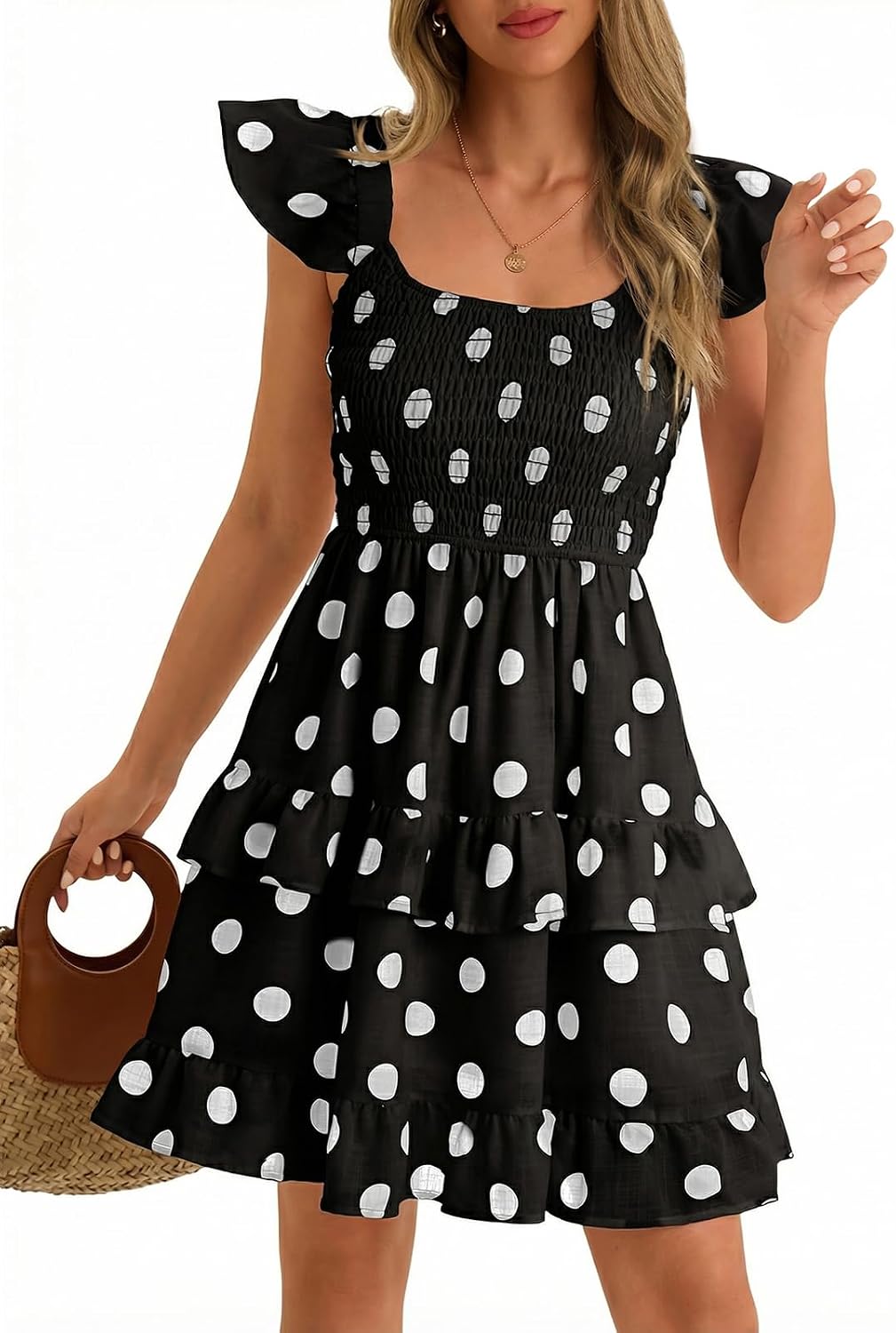 Womens Summer Sleeveless Backless Smocked Ruffle Babydoll Mini Sundress | Square Neck,Casual,Floral,Boho,Beach,Cute,Teen,Graduation,Homecoming,Layered,Flowy,Swing,Short Sundress