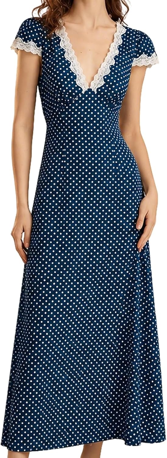RIHOAS Women Polka Dots Dress Lace Trim V Neck Short Sleeve Long Dresses | 2026,Casual,Long,Semi Formal,Party,Prom,Vocation,Dinner,Fall,Summer,Elegant,Church,Beach