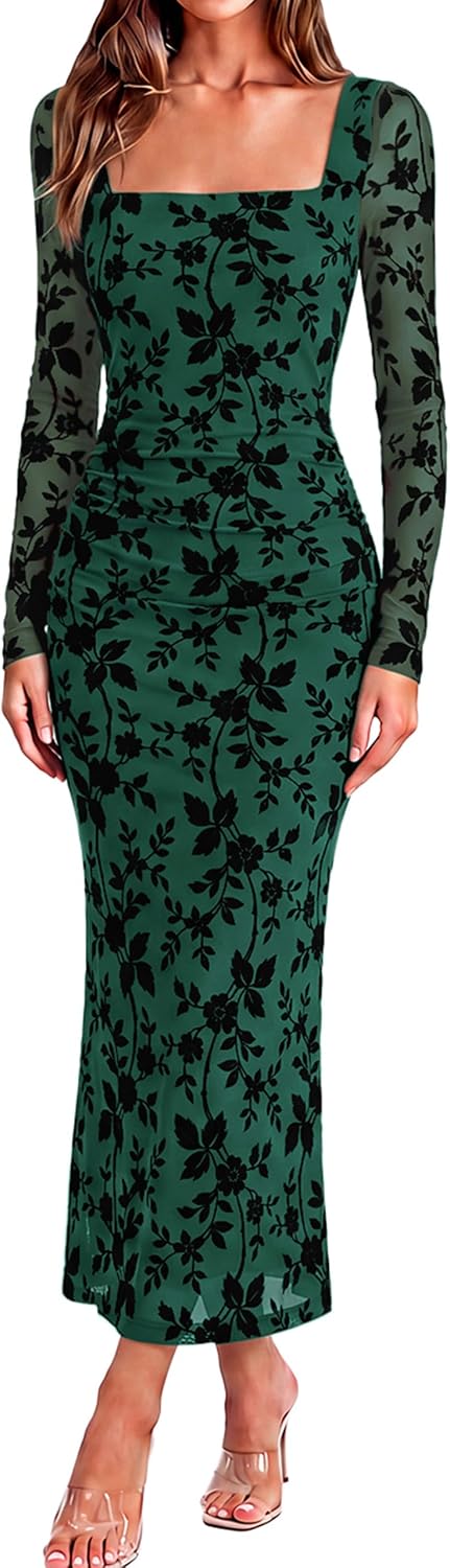 BerryGo Womens Floral Print Mesh Midi Dress Square Neck Long Sleeve Bodycon Ruched Fall Cocktail Party Wedding Guest Dresses