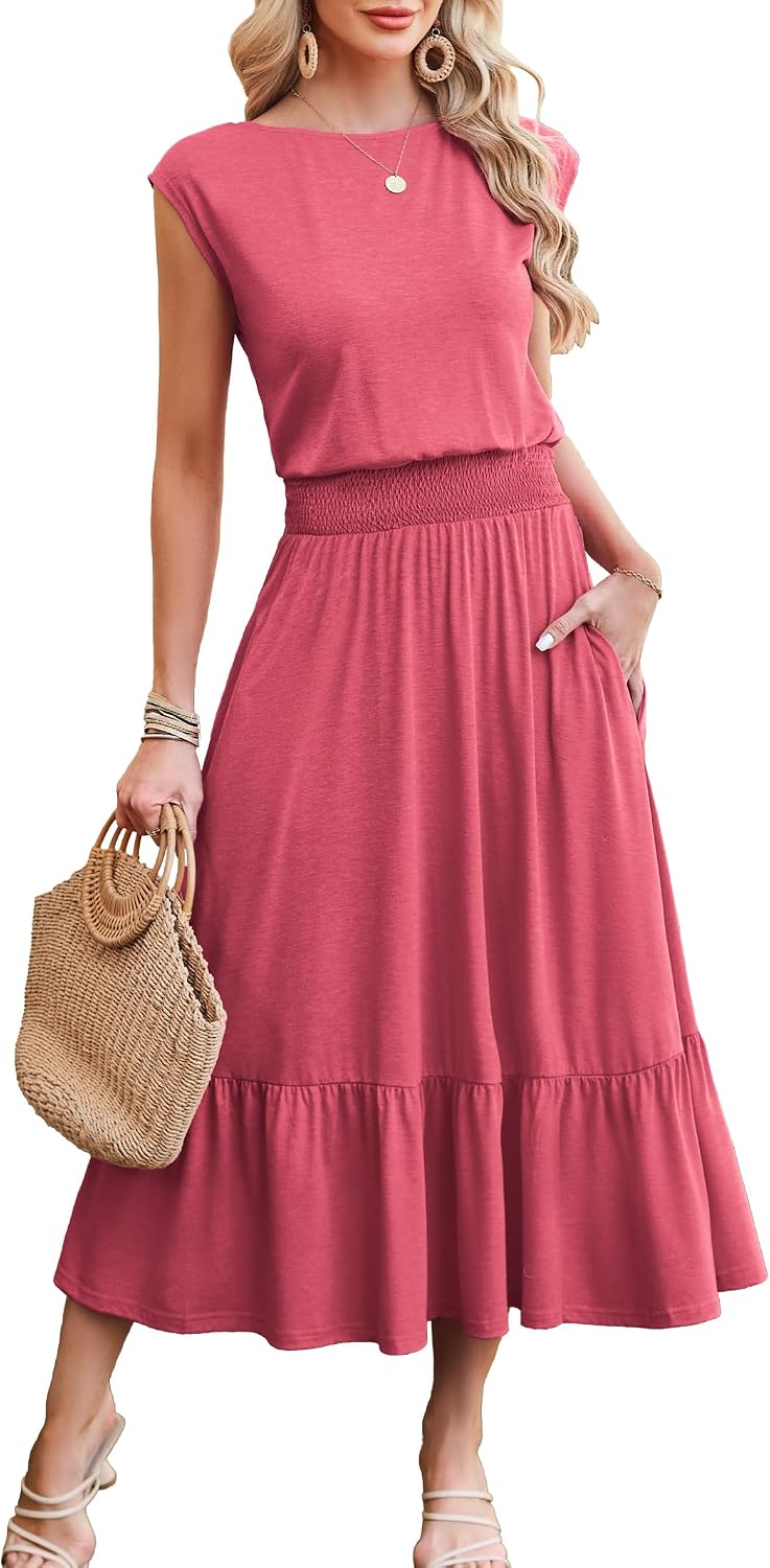 Kikibell Womens Summer Dresses Cap Sleeve Elastic Waist Midi Dress with Pocket Long Causal Sundress Beach Vacation Outfits