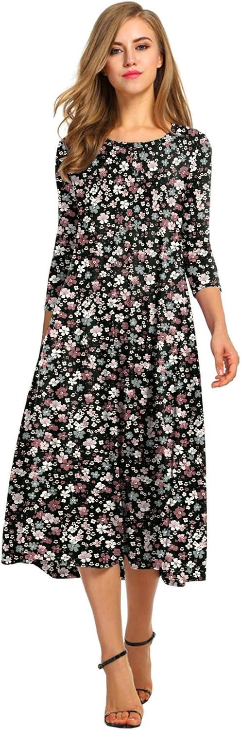 HOTOUCH Women's 3\/4 Sleeve A-line and Flare Midi Long Dress