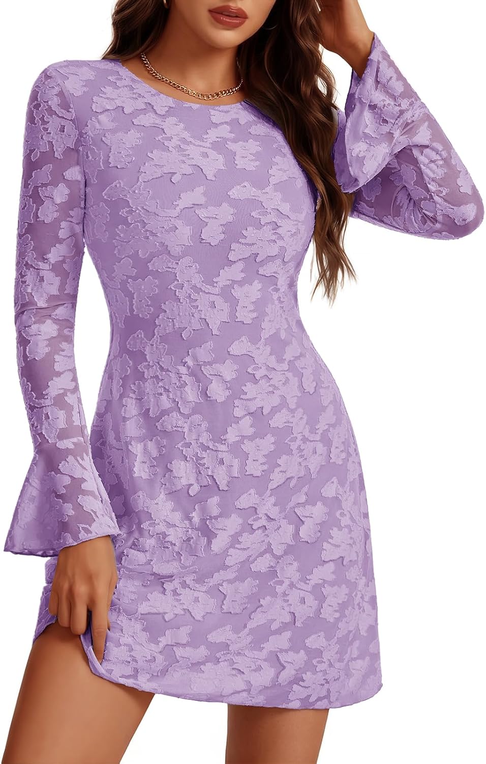 Bbonlinedress Women Long Sleeve Mesh Mini Wedding Guest Cocktail Dress | Homecoming, Going Out, Date Night, Club, Prom Fall Dress With Long Sleeve for Teens Juniors
