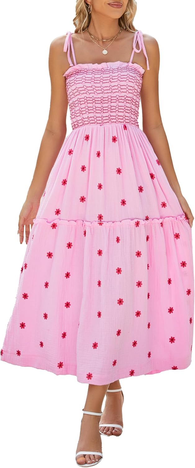 ABYOVRT Women Floral Embroidered Maxi Dress Sleeveless Tie Shoulder Smocked Flowy Dress Boho Summer Sundresses with Pockets
