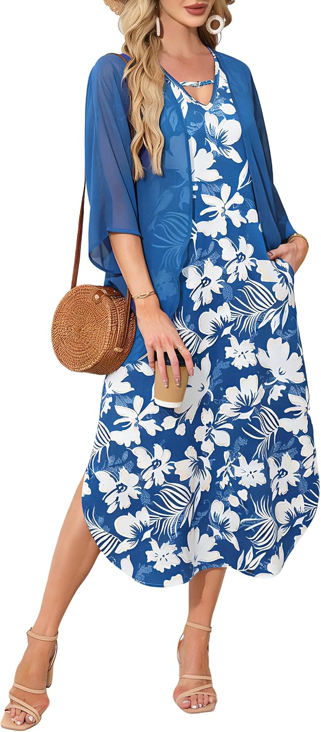 Honwenle Women's 2026 Summer Maxi Dress 2 Piece Loose Split Outfit | Sleeveless,with Cover up,Floral Sundress,V-neck,Casual,Beach Vacations,Wedding Guest